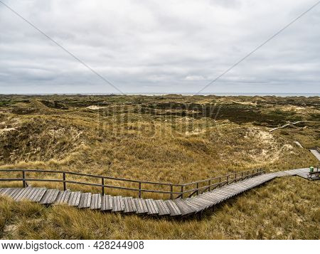 Sand Dune Landscape Overgrown With Grass On The Island Of Amrum, Germany. Siatler Or Setzer Dune In 