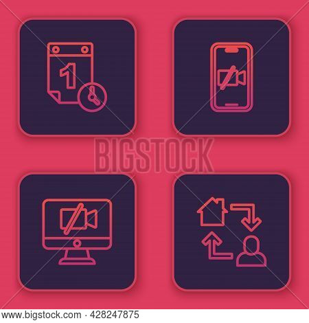 Set Line Time Management, Video Camera Off On Computer, Mobile And Online Working. Blue Square Butto