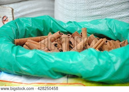 Dried Bark Strips Of Cinnamon In A Plastic Sack At The Spice Market. This  Spice Obtained From The I