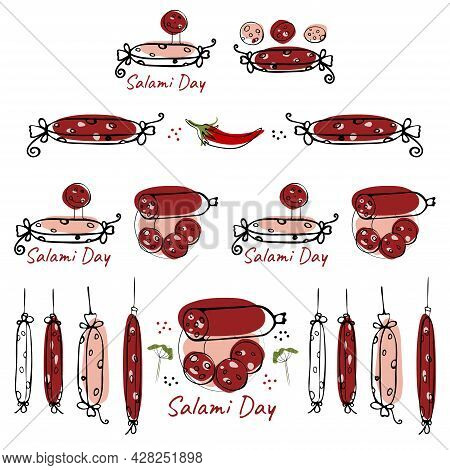 Sausage Set. Salami Day. Manual Drawing Of A Flat Vector Illustration. For Labels, Stickers, Web Des