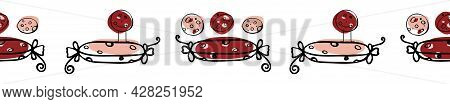 Sausage Pattern. Salami Day. Manual Drawing Of A Flat Vector Illustration. For Labels, Stickers, Web