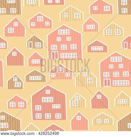 Cartoon Wooden Houses Seamless Pattern. Vector Illustration Of European Cute Buildings