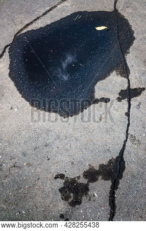 A Puddle And Wet Spots On The Asphalt In The Form Of A Woman's Head With A Hat. Illustration Of Visu