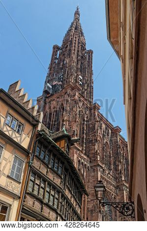 Strasbourg, France, June 23, 2021 : Strasbourg Cathedral Bell Towers. With 142 Meters High, It Was T