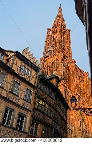 Strasbourg, France, June 23, 2021 : Strasbourg Cathedral Bell Towers. With 142 Meters High, It Was T