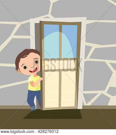 Child Peek In The Door. Opened The Entrance. Funny Boy Kid. View From Inside The Room. Cartoon Style
