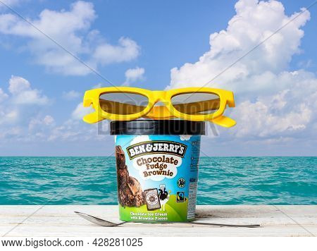 Rotterdam, The Netherlands - July 2021: Ben Jerry's Chocolate Fudge Brownie Ice Cream On White Woode