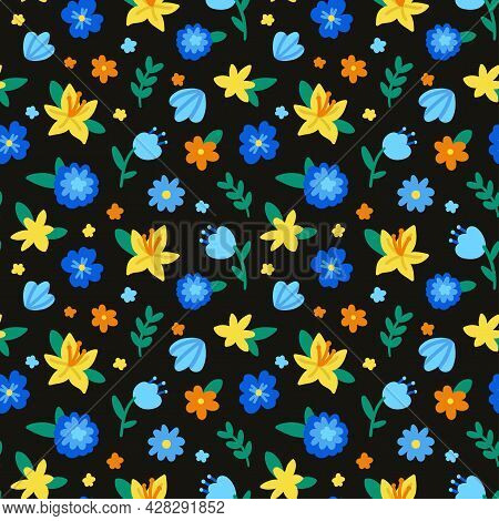 Cute Vector Seamless Pattern With Cartoon Flowers. It Can Be Used As Wallpaper, Poster, Print For Cl