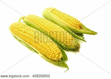 Young Appetizing Corn On The Cob And Peeled On A White Background.