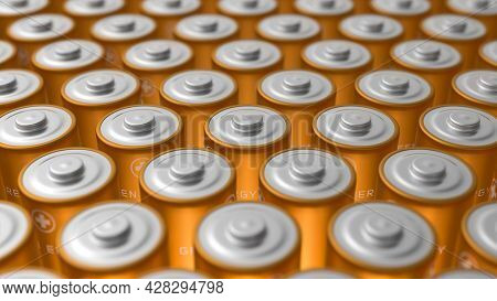 Large Pack Of Golden Batteries Close To Each Other With Soft Focus. 3d Rendered Macro Of Aa Energy C