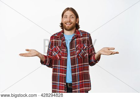 Smiling Blond Guy Say I Dont Know, Clueless About Something, Shrugging Shoulders With Spread Arms, H