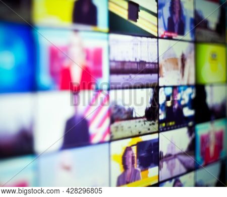 Split Tv Screen Broadcasting Different News. Newscast. Multiscreen.