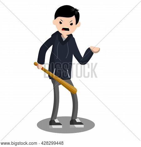 Man With Baseball Bat Is Extorting Money. Problem Of Urban Security. Thief At Work. Extortion And Ro
