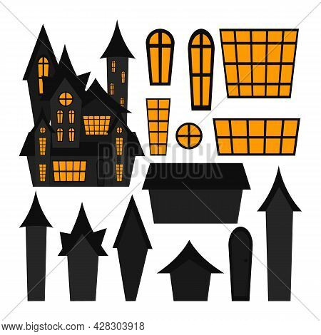 Creepy House Constructor Isolated On White Background. Halloween Haunted House. Vector Flat Illustra
