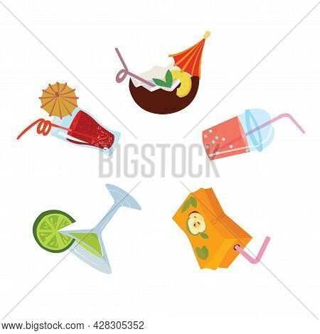 Set, Wreath Of Summer Cool Drinks. Vector Stock Illustration Isolated On White Background.
