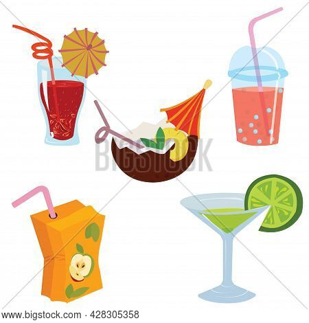 Summer Drinks Set: Juice, Cocktail, Martini, Lemonade.
