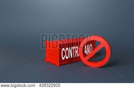 Red Cargo Ship Container With The Word Contraband. Fight Against Drug Trafficking, Counterfeiting An