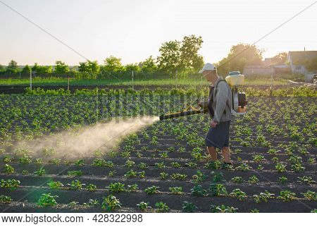 A Farmer With A Mist Fogger Sprayer Sprays Fungicide And Pesticide On Potato Bushes. Effective Crop 