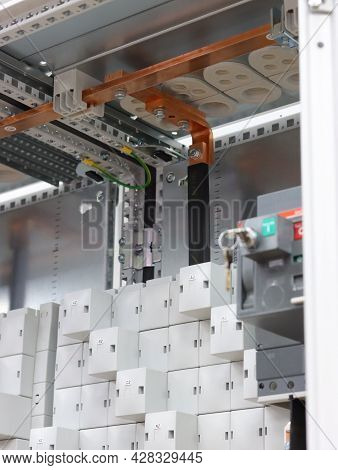 Copper Electric Busbars For The Organization Of Protective Grounding In The Electrical Panel.