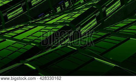 Futuristic Platforms In Spaceship. Motion. Platforms Of Spacecraft Are Twisted Parallel To Each Othe