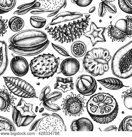 Seamless Pattern With Black And White Papaya, Guava, Passion Fruit, Starfruit, Durian, Rambutan, Pit