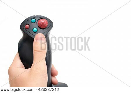 Gaming Joystick For Flight Simulator In Hand Isolated On White Background.
