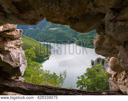 View Of Vrbas River From Window Of Old Bocac Castle Near Banja Luka