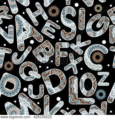 Alphabet Letters Seamless Pattern. Ornamental Symbols Background. Ethnic Style Floral Patterned Lett