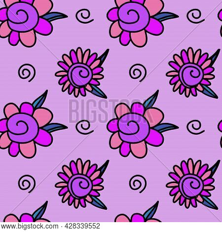 Vector Seamless Pattern With Fantasy Purple Flower And Spiral Hand Drawn Doodle In Simple Childish C