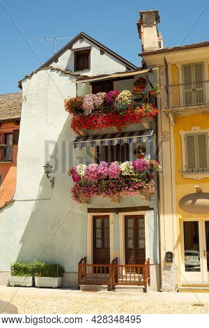 Domodossola, Italy - June 30th 2021: Historic Housing Buildings In The City Centre