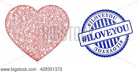 Vector Network Love Heart Wireframe, And Hashtag Iloveyou Blue Rosette Rubber Seal Imitation. Wire F