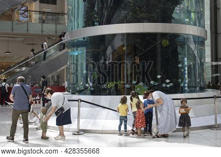 Moscow, Russia - July 2021, Tallest Cylindrical Aquarium In The World In Shopping Center Aviapark Is