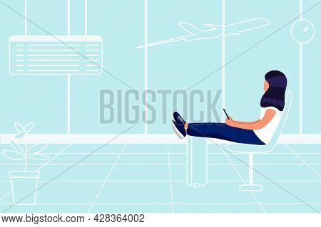 Young Woman Is Sittinding Near Window At The Airport And Watching At The Departing Plane Travel Tour