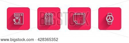 Set Line Coffee Machine, Spiral Notebook, Post Stickers And Wrist Watch With Long Shadow. Red Square