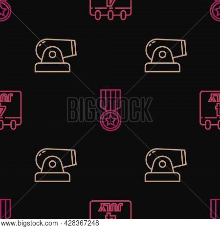 Set Line Calendar With Date July 4, Cannon And Medal Star On Seamless Pattern. Vector