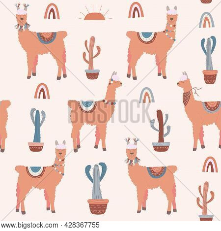 Seamless Pattern Of Coral Llama With Multi-colored Rugs With A Pattern On The Back And Decorations O