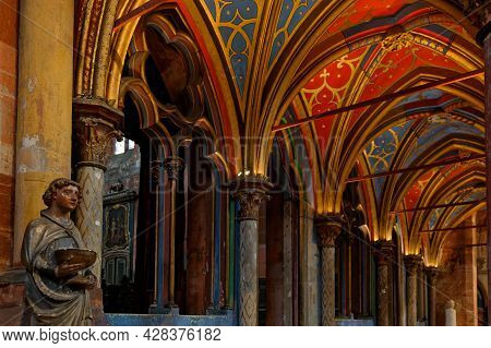 Strasbourg, France, June 24, 2021 : Painted Roof Of Saint-pierre-le-jeune Protestant Church. Gothic 