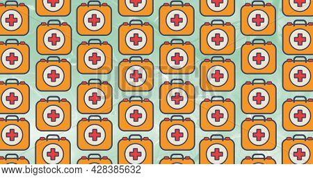 Composition of first-aid kits over digital icons on green background. flu, sickness, virus and vaccination concept digitally generated image.