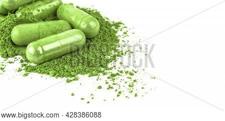 Andrographis Herb Capsule On White For Banner Background, Andrographolide Herbal Capsule Green Powde