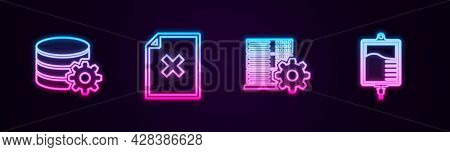 Set Line Setting Database Server, Delete File Document, Server Setting And Iv Bag. Glowing Neon Icon