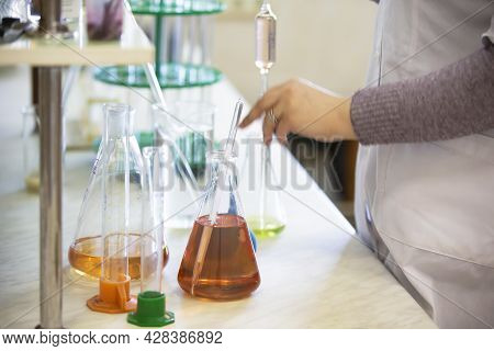 Laboratory With Glass Test Tubes For Alcoholic Beverages.