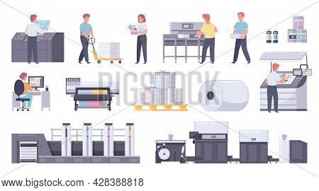 Printing House Polygraphy Cartoon Icon Set With Paper Rolls Color Print Cartridges Large Technical P
