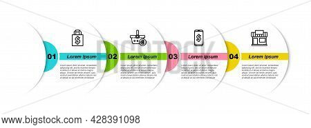 Set Line Shoping Bag And Dollar, Shopping Basket Euro, Smartphone With And Building Or Market Store.