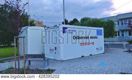 Prague, Czech Republic - July 1, 2021: Covid Test Center In Transportation Boxes Situated Next To Th