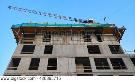 Prague, Czech Republic - July 23, 2021: Unfinished High-rise Residential Building Being Build Seen F