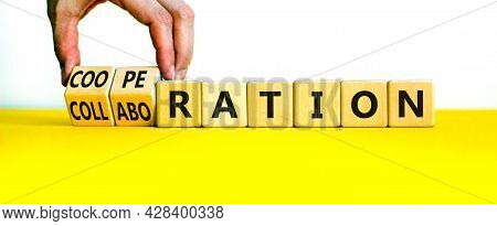 Cooperation Or Collaboration Symbol. Businessman Turns Cubes, Changes Words 'collaboration' To 'coop