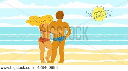 Couple In Love Standing On Seashore Beach And Watching The Sea Vector Illustrations, Husband And Wif