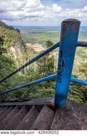 1028 Steps On The High Staircase At The Tiger Cave Temple In Krabi Province. Concrete Steps And Iron