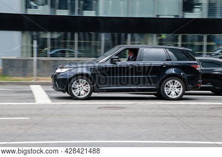 Moscow, Russia - May 2021: Black Range Rover Sport Hse Car Moving On The Street On High Speed. Fast 