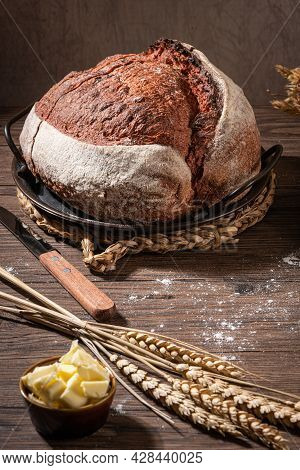 Freshly Artisan Baked Beetroot Bread, Crunchy Bread, Country Bread. Crispy Wheat And Rye Bread. Simp